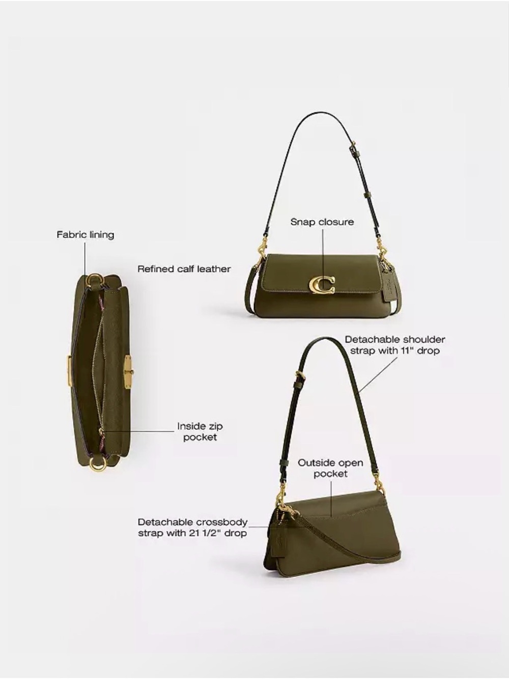 Coach Jet Shoulder Bag in Brass/Olive Green Refined Calf Leather - Picture 3 of 11